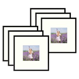 Golden State Art, 8x8 Aluminum Picture Frames with Ivory Color Mat for 4x4 Photo, with Sawtooth Hanger and Easel Stand for Wall/Tabletop Display- Square Metal Frame, Real Glass (Black, 6-Pack)