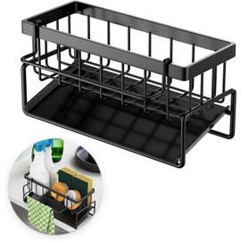 Ruikcoll Black Slim Kitchen Organiser, Sink Organiser with Drip Tray, Stainless Steel Sink Organiser for Cloths, Brushes, Sponge and Soap