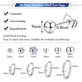 Dochais 10-12 Pairs Earring Set Earrings Silver 316L Surgical Steel Earrings Gold 14 Carat Gold-Plated Cubic Zirconia Hoop Earrings for Women Small Hypoallergenic Huggie Hoop Earrings, Stainless