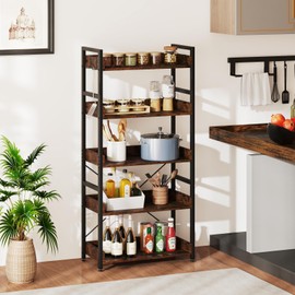 LOKO Industrial 5-Tier Bookshelf, 57” Tall Storage Shelves with 4 Hooks, Freestanding Storage Rack with Metal Frame, Vintage Standing Display Rack for Living Room, Balcony, Kitchen (1, 5-Tier)