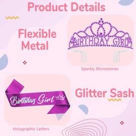 Queenship Birtthday Tiara Crown with Sash for Women, Kid Girls (Girl-Purple)