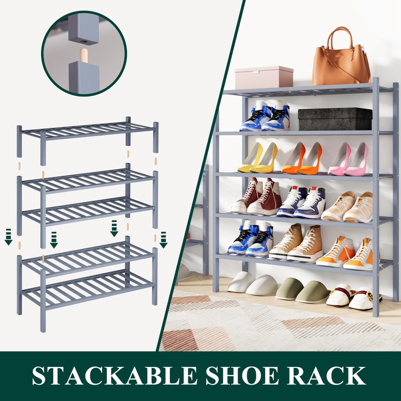 Smiry Shoe Rack, 2 Tier Bamboo Shoe Organizer, Stackable Free