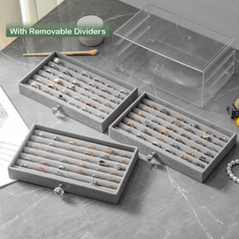 KATISYIO Ring Organizer Storage Box with 3 Drawers, Clear Acrylic 3-Layer Velvet Jewelry Display Case for Women (Gray)