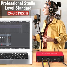 USB Audio Interface, 24Bit/192kHz Studio Recording, 48V Phantom Power, Zero-Latency Monitoring – Compatible with Mac/PC, DAWs, Ideal for Music Production, Podcasting & Voice Over