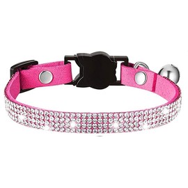 Rhinestones Dog Cat Collars with Bell Bling Pet Puppy Collars with Soft Velvet Crystal Collars Girl Jeweled Necklace (Hot Pink-1)