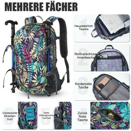 BECOJADDE Hiking Backpack Men Women 40L Ultralight Foldable Backpack Waterproof Travel Backpack Trekking Backpack with Wet Compartment for Hiking, Travel, Cycling and Climbing, Rainforest, Daypack