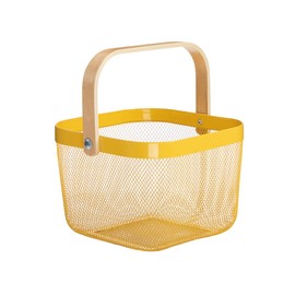 Ymeibe Mesh Steel Storage Organizer Basket Fruit Basket Bin with Wood Handle Ideal for Kitchen Bathroom Picnic Pantry Cabinets Storage Home Decor (Lemon Yellow)