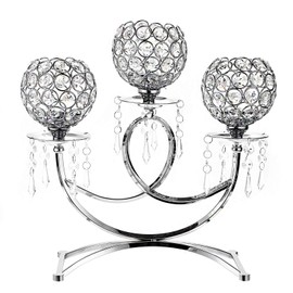 OwnMy 3 Arms Crystal Candle Holders Bowls Tealight Candelabras Candlestick Candle Stand Ornaments for Wedding Dining Table Christmas Party Home Decoration Centerpiece, Silver Tone