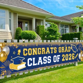 Blue and Gold Graduation Decorations 2026 Banner Congrats Graduation Yard Signs Class of 2026 Banner for Outdoor and Indoor Graduation Party Decor Senior Lawn Sign 2026 Graduate Party Supplies