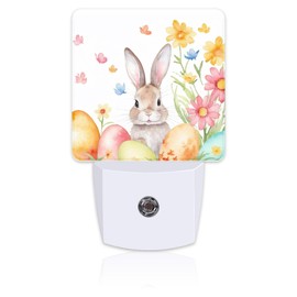 Cute Easter Bunny and Eggs Night Light, Easter Rabbit and Flowers Dusk to Dawn Plug in, 0.5w Energy Saving Sleep Friendly Night Light for Kids Boys Girls Home Decor