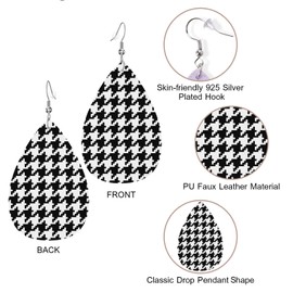 Zokola Houndstooth Pixel Pairs PU Leather Earrings, Black And White Checkered Pixel Earbob Earrings Teardrop Dangle Earrings For Women Friends Bridal Wedding