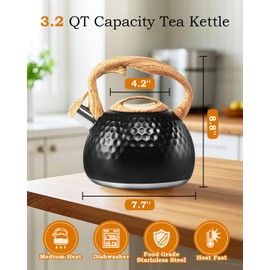 foedo Tea Kettle 3.2Qt Stainless Steel Stovetop Whistling Pot with Heat-Resistant Handle, Fast Boiling Water for Home Kitchen, Induction Compatible & Rust-Proof - Black