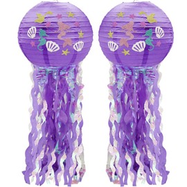 Hocansen 2Pcs Jellyfish Paper Lanterns Mermaid Hanging Paper Lanterns Party Decorations with Tassels Strip and DIY Stickers for Room,Birthday (SM-DL/Purple)