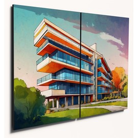 The Plum Penguin Modernism Building Duo Wall Art - 6mm Thick A4 MDF Wood Panels - Textured Vivid Home Decor Canvas Alternative 40 x 30cm