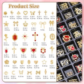 144Pcs Gold Nail Charms and Gems, 3D Metal Heart Star Cross Red Nail Rhinestones and Charms, Y2K Moon Flower Bow Studs Jewelry, Goth Junk Charm for Nails Design DIY Crsfts