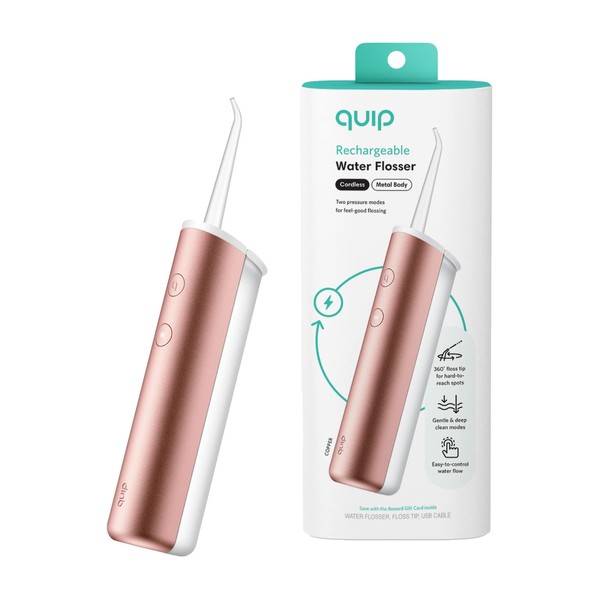 quip Cordless Water Flosser - Rechargeable Water Flosser for Teeth & Gums - 2 Modes, Custom Jet Flow - Oral Irrigator with 360 Degree Rotating Tip - Portable Water Dental Cleaner - Copper Metal