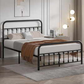 VECELO Queen Metal Platform Bed Frame with Headboard, Heavy Duty Steel Slat Support, Under Bed Storage,No Box Spring Needed, Easy Assembly，Victorian Style