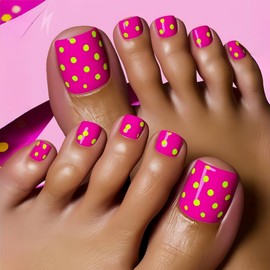 24 Pcs Pink Press on Nails Toenails - ZIFANHU Summer Fake Toe Nails Press ons Nail Tips Full Cover False Toenails with Yellow Dots Design Artifical Glue on Nails Acrylic Nail Kit Art