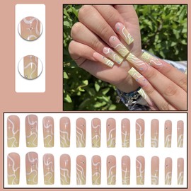 Lovamis Press on Nail Long - Swirls French Nail Fake Nail with Rhinestone, Glossy False Nail Coffin, French Tip Acrylic Nail Kit with Glue, Reusable Stick on Nails, 24PCS/Set(Green Wave)