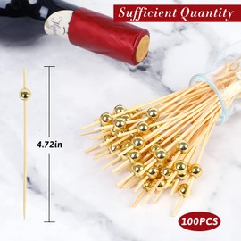 KIMOBER 100PCS Cocktail Picks,Gold Pearl Handmade Bamboo Cocktail Toothpicks for Appetizers Fruit Party,Cocktail Sticks Party Supplies