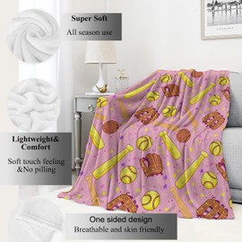 VODRM Baseball Blanket Fun Bat, Ball & Glove Pink Throw Blankets,Birthday Gifts for Teens Adult & Sport Lovers,Lightweight Soft Fleece Cozy for Sofa Couch Bed Room Travel Decor 50x60in