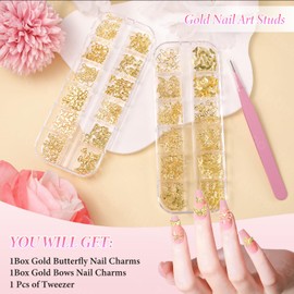 Gold Nail Charms, 3D Alloy Bow Butterfly Golden Nail Studs, Golden Bows Butterflies Rivet for Acrylic Nails, Gold Charms for Nails Art Y2K Decor