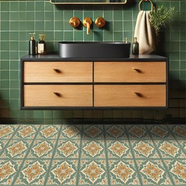 HOMETITUTE 10PCS 12x12 Peel and Stick Floor Tiles, Vintage Floral Removable Self Adhesive Vinyl Flooring Stickers, Renter Friendly DIY Tile for Kitchen Entryway Bathroom Living Room