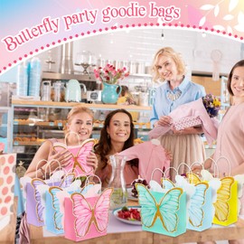 MotiMind 24 Pcs Butterfly Party Favor Bags with Handles Pink Purple Blue Butterfly Goodie Gift Paper Treat Candy Bags for Birthday Party Bridal Showers Supplies(Bright Colors)