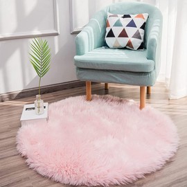Soft Faux Sheepskin Fur Rug Fluffy Faux Fur Area Rug Round Floor Mat Luxury Carpet Chair Cover Seat Pad for Holiday Chistmas Tree Skirt Shaggy Rug Bedroom Sofa Living Room (90cm, Pink)