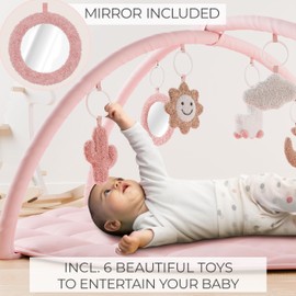 Beautiful Baby Play Gym and Tummy Time Mat - Soft Cotton Mat with 6 Cute Toys Creates The Perfect Activity Area for Your Girl/Boy - Stylish Infant Floor Playmat Fits Nicely with Any Playroom Decor