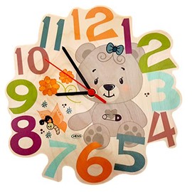 Hess Holzspielzeug 30012 Wooden Wall Clock for Children, Bear Nature Series with Quartz Movement, Handmade, Diameter Approx. 24 cm, Colourful Time Display for Children's Room