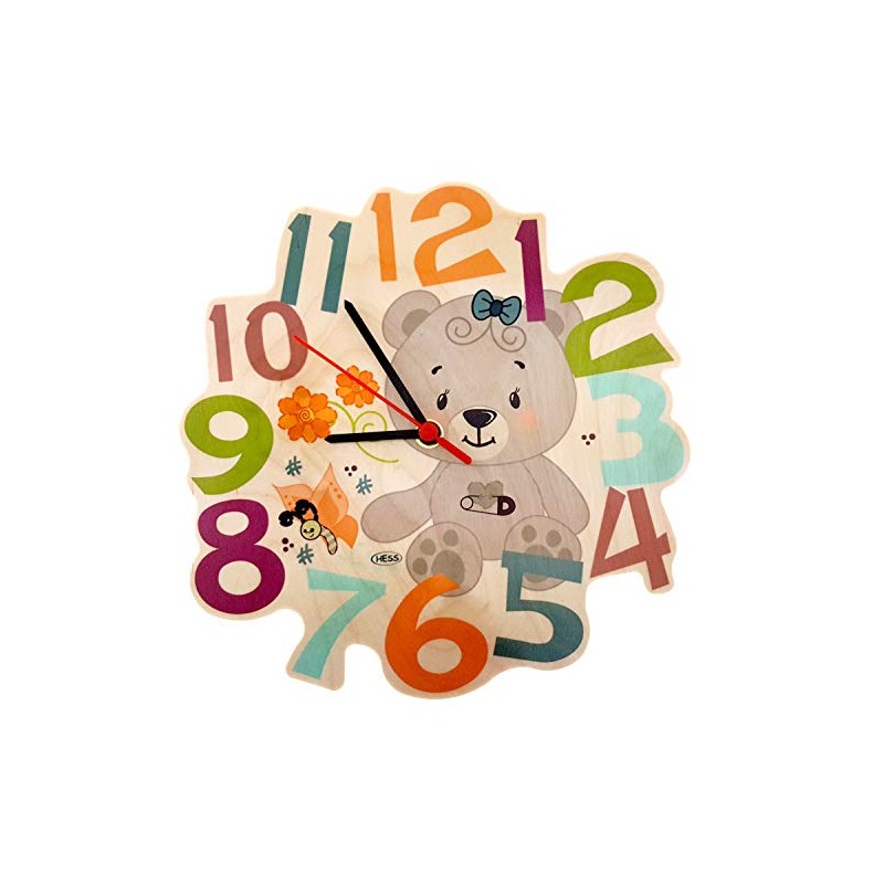 Hess Holzspielzeug 30012 Wooden Wall Clock for Children, Bear Nature
