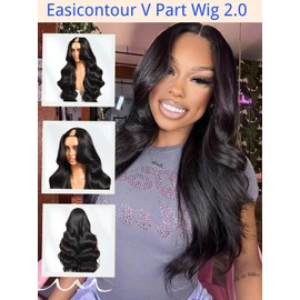 Nadula Yaki Wavy V Part Drawstring Wig Human hair with Blow Out Bangs, Glueless EasiContour Vpart Wigs No Leave Out Beginner Friendly Clip In V Shape Wigs Upgrade Wavy U Part Wig 150% Density 24inch