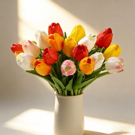 XIANNVXI 20pcs 5 Colours Artificial Tulips Artificial Flowers Faux Fake Tulips That Look Real,Decorative Realistic Silk Spring Flowers for Indoor Home Office Farmhouse Decor DIY Bouquet 14 Inch