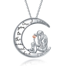 WINNICACA Mother's Day Mother and Daughter Necklace 925 Sterling Silver I Love You to the Moon and Back Pendant Chain Gifts for Mum Women, Sterling Silver