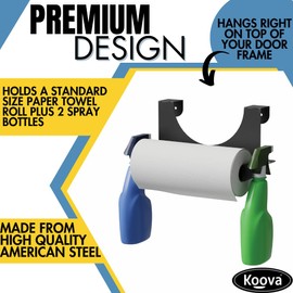 Koova Spray Bottle & Paper Towel Rack Heavy Duty- Hanging Storage for 2 Spray Bottles and Paper Towel Roll Utility Organizer Hardware Included - Made in USA Sturdy Metal Holder for Home and Garage