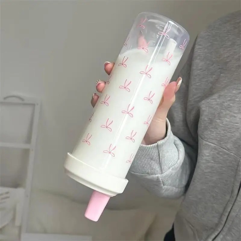 Cute Bow Pattern Straw Water Bottle, Clear Reusable Drinking Bottle