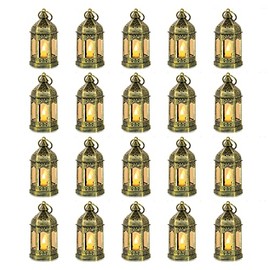 Mini linternas decorativas para centro de mesa de boda, 20 unidades Romadedi colgantes pequeños faroles dorados a granel con velas LED parpadeantes para decoración de Halloween, decoración de mesa de