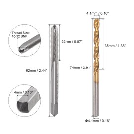 sourcing map 10-32 UNF Tap Straight Groove 4.1 mm Twist Drill Set Titanium Coated 6542 High Speed Steel Drill Machine Tap