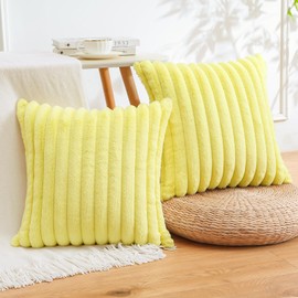 Sungeek Set of 2 Yellow Faux Rabbit Fur Cushion Covers 45x45 cm, Soft Cozy Plush Striped Decorative Throw Pillow Covers 18x18 inch Velvet Square Pillowcases for Sofa Bedroom