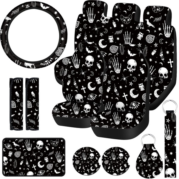 15 Pieces Moon and Stars Car Seat Cover Full Set for Women Men Upgrade Thick Car Front Seat Covers Universal Steering Wheel Cover Separate Headrest Cover Seat Belt Pads(Skeleton Cat Pattern)