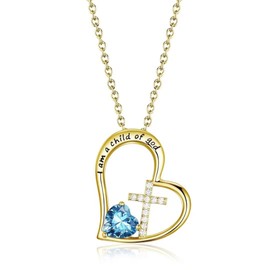 BAOWING Birthstone Cross Necklace for Little Girls Baptism First Communion Gifts Easter Birthday Christmas Gifts Kids Girls Jewelry for Goddaughter Godchild Teens Women 14K Gold Plated March