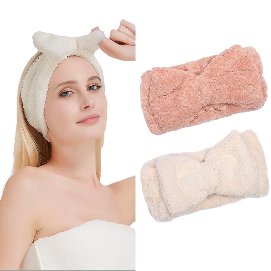 JONKY Bow Spa Headbands White Soft Coral Fleece Makeup Hair Bands Stretchable Shower Head Wraps for Women and Girls (Pack of 2) (Set 1)