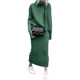 ebossy Womens Ribbed Knit Sweater Outfits Casual Loose 2 Piece Turtleneck Pullovers Elastic Waist Maxi Skirt Sets (S, Green)