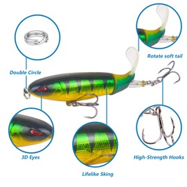 10Pcs Whopper Fishing Lure for Bass Popper Top Water Fishing Lures with Floating Rotating Tail Barb Treble Hooks in Saltwater Freshwater Plopping Lures Kit