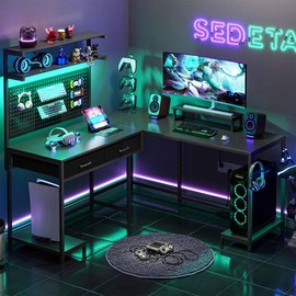 SEDETA L-Shape Gaming Desk Computer Desk with LED Lights Hanging Panel and Drawer with Brackets and Storage Shelves Home Office Corner Desk Modern - Color: fig. reactionary
