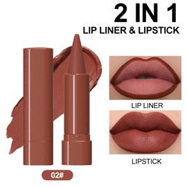Erinde 2-in-1 Lip Liner and Lipstick Lip Combo Set, Matte Nude Dark Brown Red Lip Liners Creamy Lip Pencil, High Pigmented Long Lasting Waterproof Smudge Proof Lip Liner Lipstick Crayon Makeup, 02#