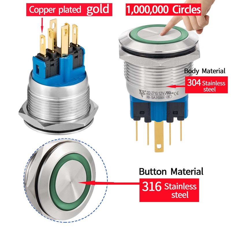 ZJWZJH Waterproof Push Button Switch 22mm Momentary 12V DC/AC SPDT