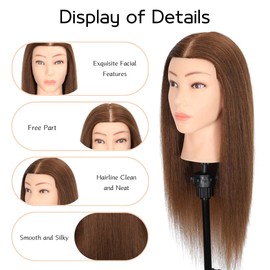 MQHIHI Mannequin Head Human Hair, 100% Real Hair Mannequin Head Cosmetology Manikin Practice Doll Head for Braiding Hairstyling Cutting with Free Clamp Holder and Tools (100% Brown)