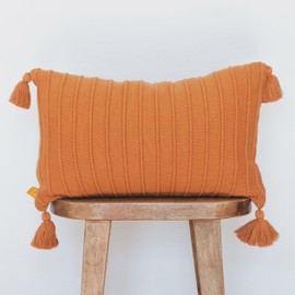 Lumi Living 100% Soft Cotton Raised Stripes Textured Rib Knit Lumbar Throw Pillow Cover with Tassels 14x22 (Burnt Orange)